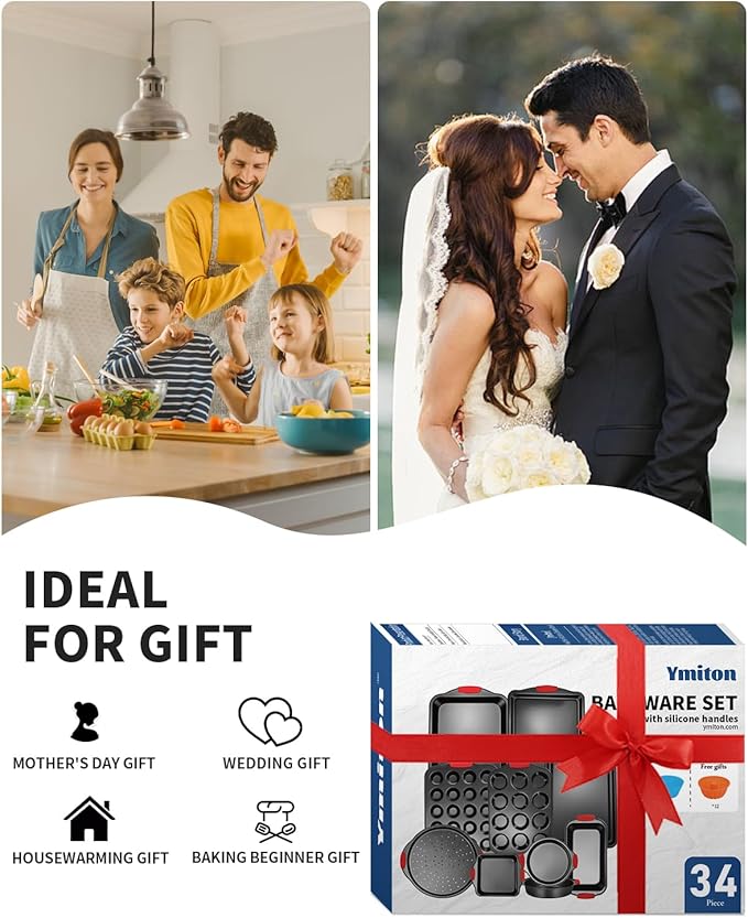 Baking Pans Set with Silicone Handles, 34 PCS Nonstick Bakeware Sets, Oven Pan Set Includes Baking Tray, Cookie Sheet, Cake Pans, Loaf Pan, Muffin Pan, Pizza Pan