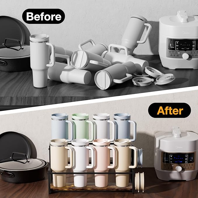 Water Bottle Organizer for Full Stanley and Others' Large Tumbler Organization, Pantry Kitchen Organizers and Storage for Cup Accessories, Tumbler and Cup Lid Organizer Wine Rack - 2 Tier Hold 8