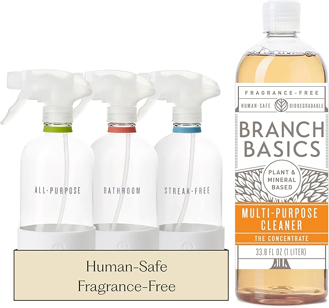 Branch Basics Cleaning Essentials Kit: All Purpose, Glass and Bathroom Cleaner - Concentrate (33.8 Oz) (24 Refills) + Refillable Glass Spray Bottles (16 Oz) Plant Based, Human-Safe, & Fragrance Free