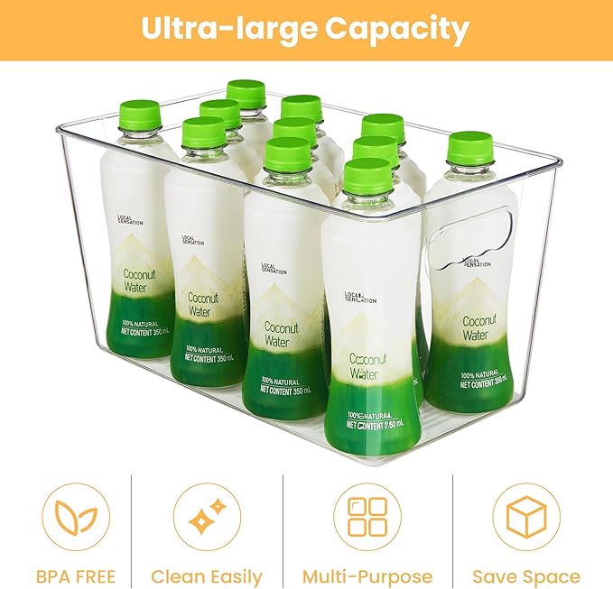 YIHONG Clear Plastic Storage Bins, 4 Pack Pantry Organizer Bins with Handle for Kitchen, Freezer,Cabinet,Closet Organization and Storage(XL)