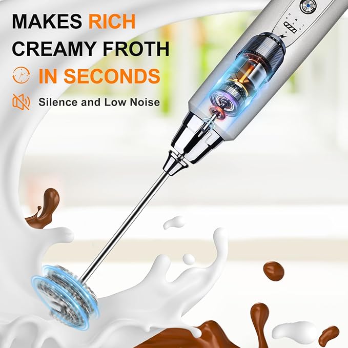 YUSWKO Silver Rechargeable Milk Frother for Coffee with Stand, Handheld Drink Mixer with 3 Heads 3 Speeds Electric Stirrers for Latte, Cappuccino, Hot Chocolate, Egg