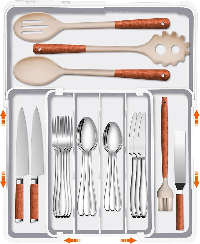 Silverware Organizer - Expandable Kitchen Drawer Organizer, BPA-Free Food-Safe Utensil Drawer Organizer with 7 Compartments, Deep Cutlery Tray for Forks, Knives, White