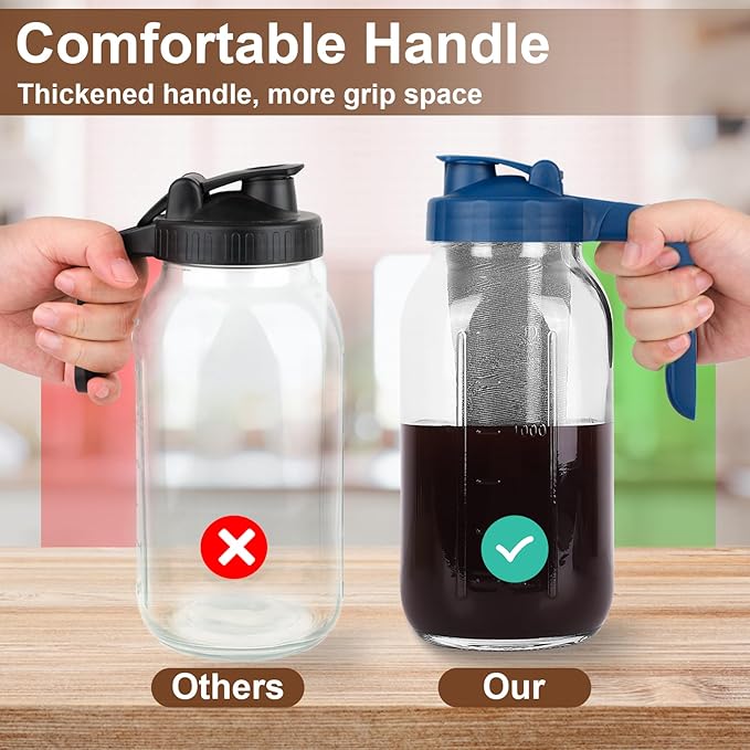 Cold Brew Coffee Maker Pitcher,32 Oz Glass Mason Jar Pitcher with V-shaped Pour Spout Handle Lid,Stainless Steel Filter for Iced Coffee,Iced tea,Breast Milk,Fruit Drinks,lemonade-Blue