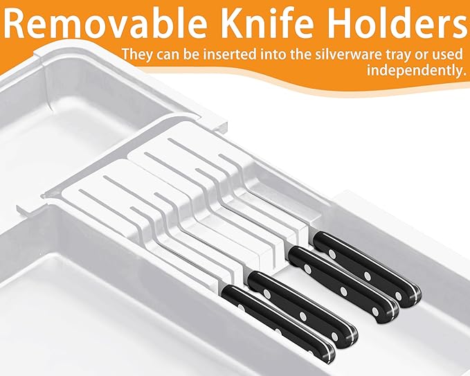 Homecor Silverware Organizer for Kitchen Drawer, Expandable Utensil Drawer Organizer with 2 Knife Block, Flatware and Cutlery Holder, Adjustable Plastic Storage for Spoons Forks Knives