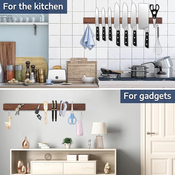Dmore magnetic knife holder for wall—with 2 hooks, No Drilling 23 Inch walnut knife magnetic strip, Powerful knife magnet rack, include Adhesive Tape and screws for Knives, Utensils, and Tools