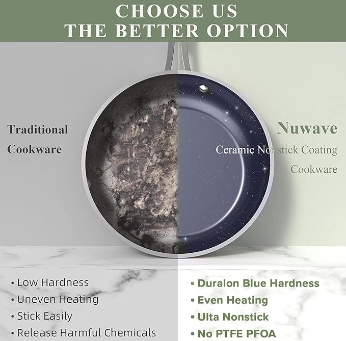 Nuwave 9pc Cookware Set Healthy Duralon Blue Ceramic Nonstick Coated, Diamond Infused Scratch-Resistant, PFAS Free, Oven Safe, Induction Ready & Evenly Heats, Tempered Glass Lids & Stay-Cool Handle