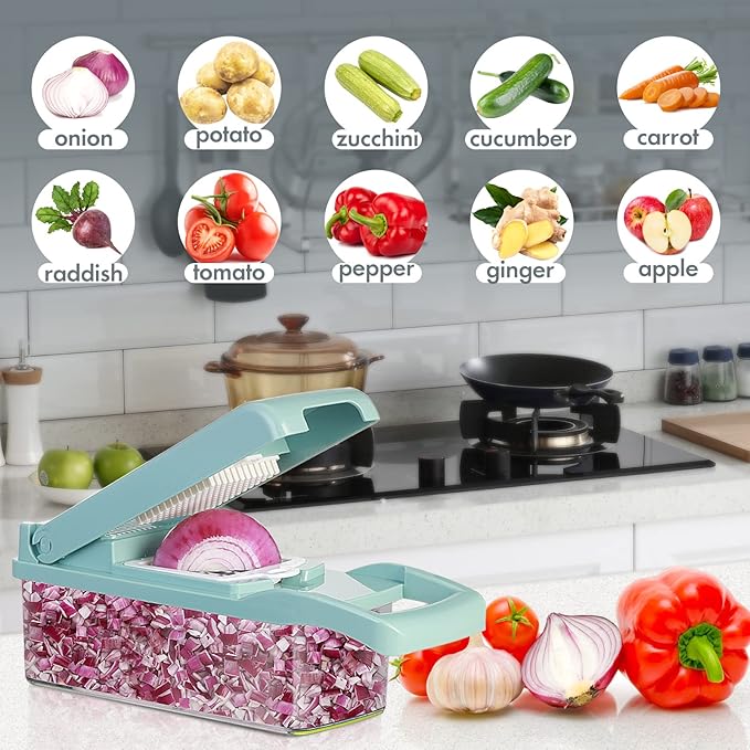 Ourokhome Vegetable Chopper Onion Cutter, 12 in 1 Professional Mandoline Slicer for Kitchen, Multifunctional Food Chopper for Potato, Tomato, Veggie with Strainer Basket, 8 Blades, Blue