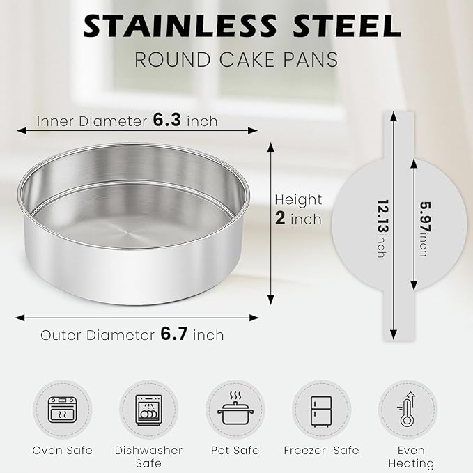 6 Inch Cake Pan - 3PCS Stainless Steel Smash Cake Baking Pans Tins with 100 PCS Parchment Paper, Round Bakeware for Party Birthday Wedding, Mirror Finish & Dishwasher Safe