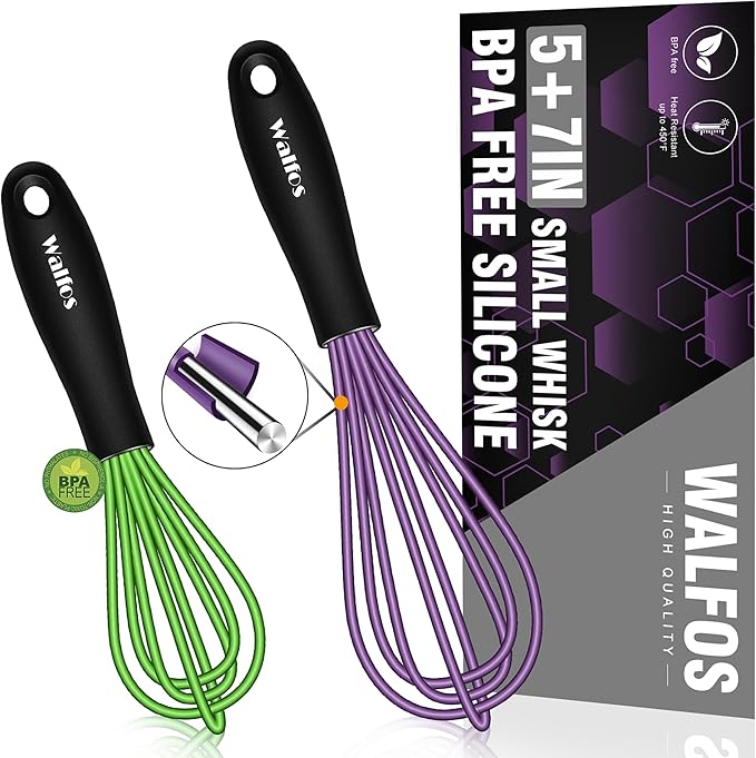 Walfos Whisk,5+7Inch Mini Whisks,Silicone Whisk Non Scratch whisk,Heat Resistant(480°F) Small whisks Suitable for stirring individual eggs and mixing small amounts of powder and sauce. Purple & Green