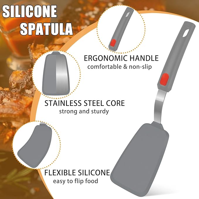 Beijiyi Silicone Spatula Turner Set of 3, 600°F Heat Resistant Nonstick Turner Spatulas for Kitchen Use, Large Flexible Silicone Cooking Utensils Rubber Spatula Set for Egg, Pancake, Fish (Gray)