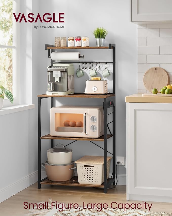 VASAGLE Kitchen Bakers Rack with Power Outlet, Coffee Bar 4-Tier with 8 S Hooks, Microwave Stand, Adjustable Shelf, for Small Spaces, Rustic Brown and Ink Black UKKS014K01V1