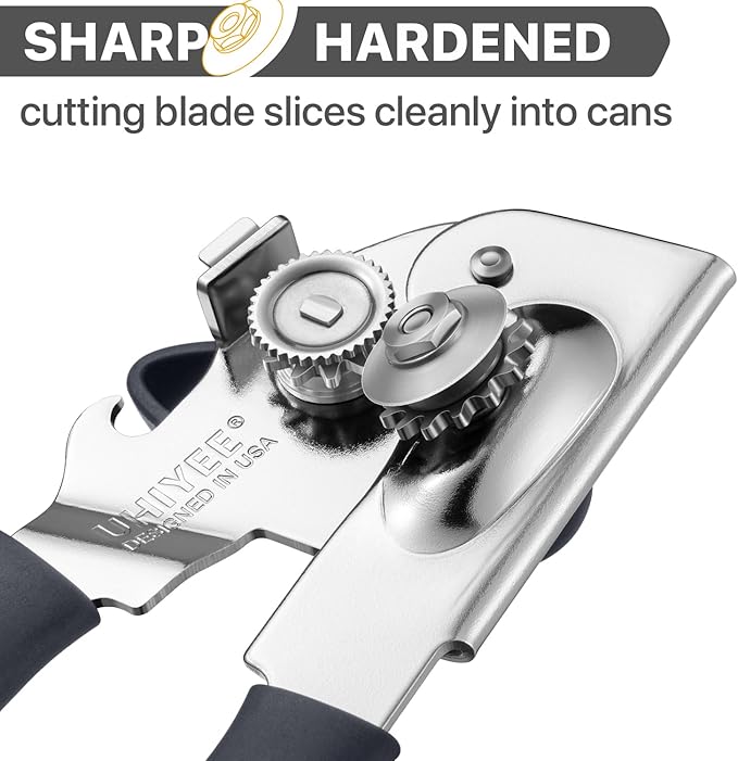 Can Opener Manual Heavy Duty, UHIYEE Hand Held Can Openers for Seniors with Comfort Grip Sharp Blade, Solid Steel Hand Manual Can Open with Magnet for Kitchen Camping, Gray