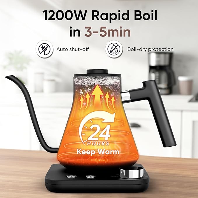 COZII Gooseneck Electric Kettle with ±1°F Temperature Control, 1200W Quick Heating for Pour Over Coffee & Tea, 0.9L Water Boiler with 24H Keep Warm & Auto Shut Off, Stainless Steel Interior, Black