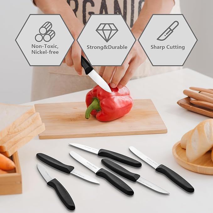 Vegetable and fruit knife set of six, high carbon stainless steel paring knife with ergonomic PP plastic handle, sharp, super sharp kitchen knife set.