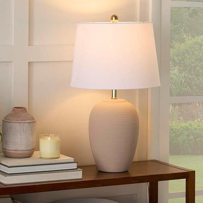 Nourison Home 23" Light Pink Ceramic Jar Table Lamp for Bedroom, Living Room, Dining Office, with White Shade (Pack of 1)