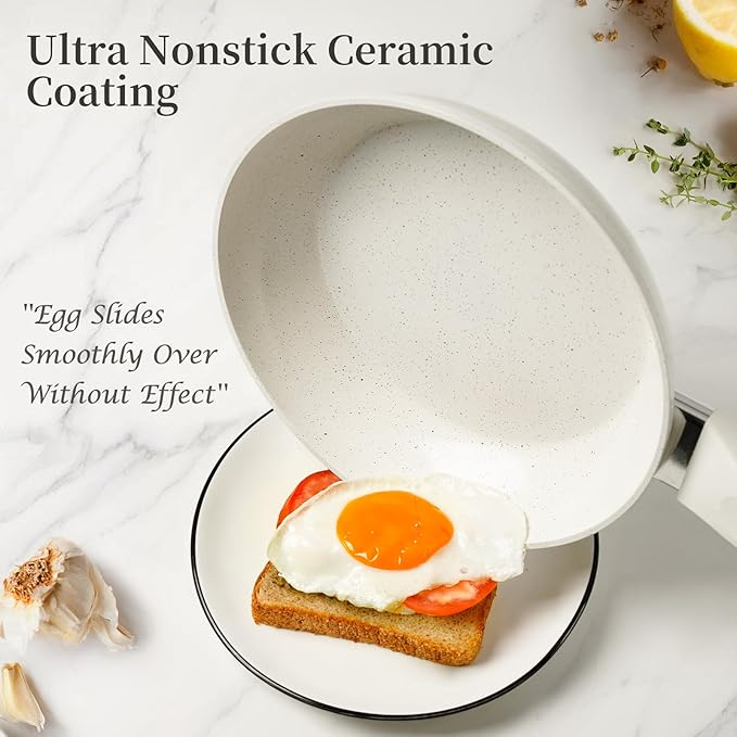 Ceramic Non Stick Frying Pan - 9.5 Inch Ceramic White Non Stick Skillet Frying Pans, Safe&No Toxic Egg Omelette Frying Pan, Nonstick Cookware Cooking Pan, Induction Compatible, PFOA&PFAS Free