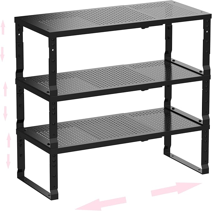 Metal Stackable Expandable Storage Shelf - Multi-Functional Home Storage Shelf, Suitable for Kitchen, Cabinet，Bathroom, Office, Garage, etc.（3PACKS/Black/Large