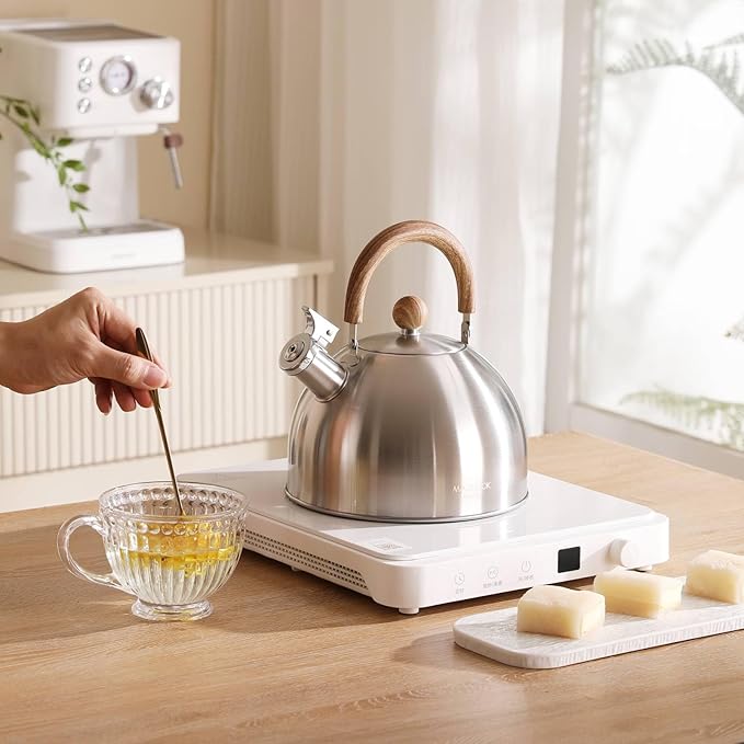 18/8 Stainless Steel Tea Kettle for Stovetop (3L / 3.17 Quart, Whistling Tea Pot, Wood Handle)-Silver
