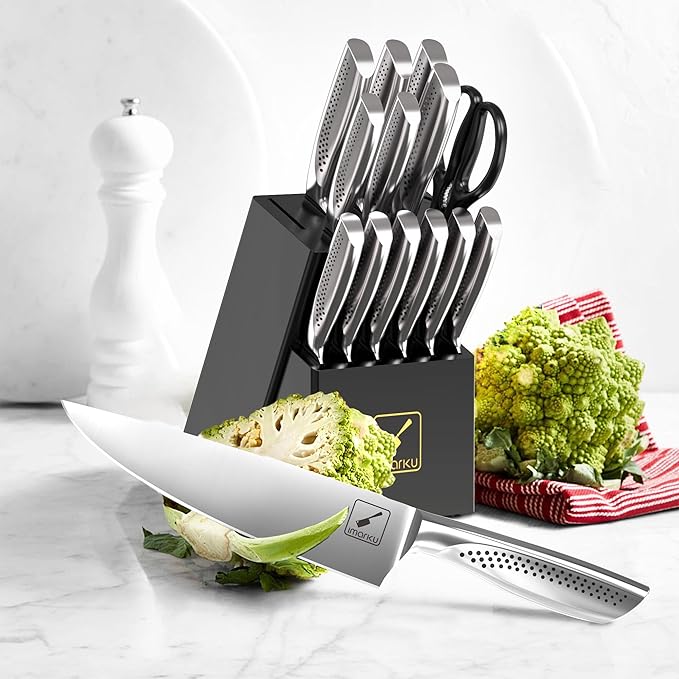 imarku® Kitchen Knife Set, 15 Pcs Japanese Knife Set with Block, Premium Razor-Sharp Chef Knives Set for Kitchen with Sharpener, Rust-Proof, Ergonomic Full-Tang Handle, Black