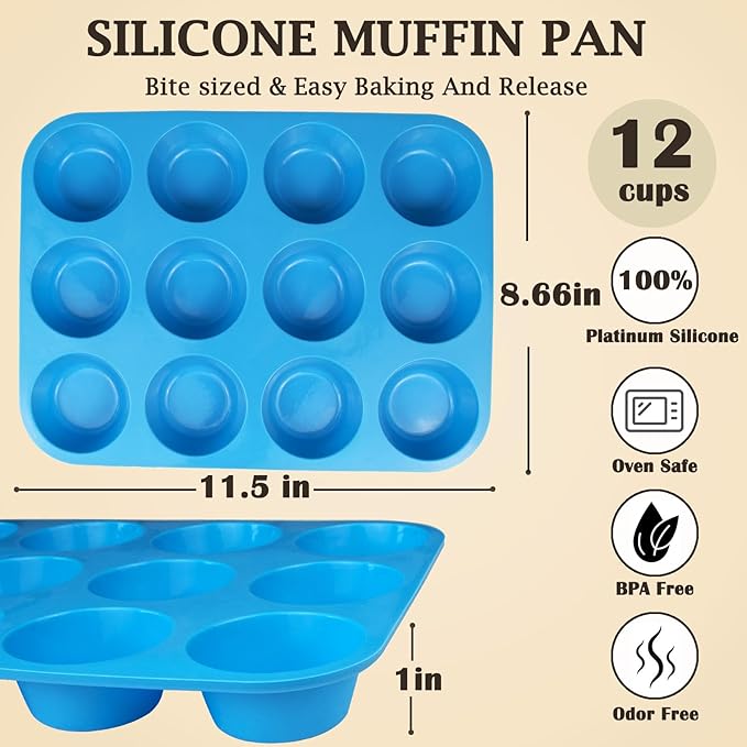 12 Cups Silicone Mini Muffin Pan Set, Nonstick Mini Cupcake Pans, BPA Free Small Muffin Tin for Baking, Set of 2 (Blue+Purple)
