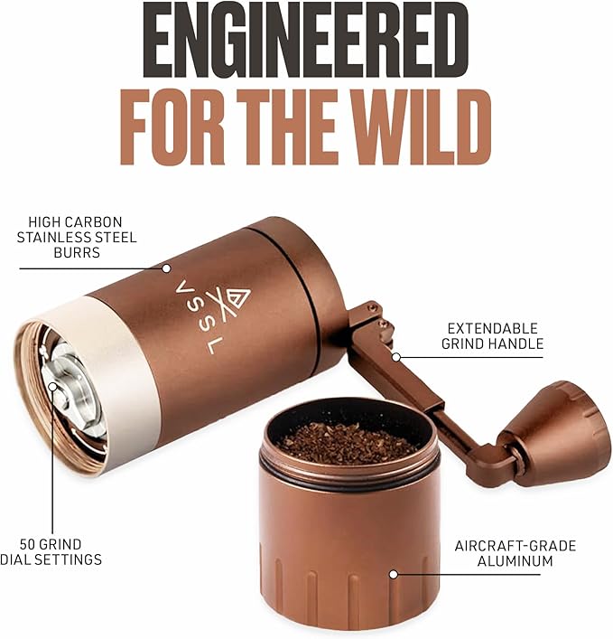VSSL Java G25 Manual Coffee Grinder | Coffee for Camping | Bean Grinder | Travel Pour Over | Stainless Steel Conical Burr | ~ 25 Gram Capacity | Extendable Grind Handle | 50 Grind Settings | Bronze