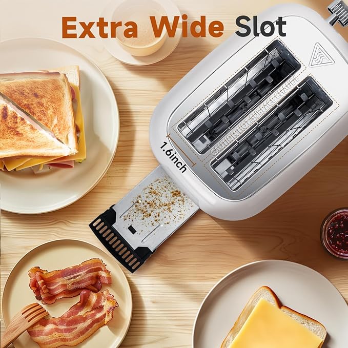 Aigostar Retro 2 Slice Toaster - Stainless Steel, Extra Wide Slots, Bagel Function, Cancel & Defrost, 6 Shade Settings, Removable Crumb Tray, White