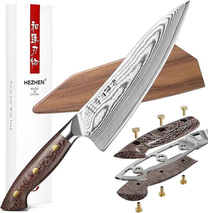 HEZHEN Damascus Chef Knife with Sheath, 8.3 Inches, 67 Layers Dmascus Steel Japanese Kitchen Knifefor Professional Chefs and Family, Micarta Handle,Gift Ready