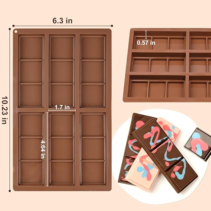 Silicone Chocolate Bar Molds, 2 Packs Square Chocolate Mold Non Stick for Dubai Pistachio Knafeh Thick Stuffed Candy, Break Apart 6 Cavities Deep Chocolate Molds
