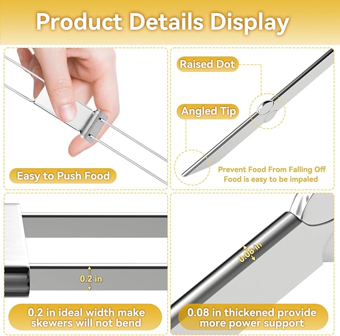 Skewers for Grilling- 17 inch (6 Pack) Double Pronged Flat Stainless Steel BBQ Skewer with Push Bar- Kabob Skewers Skewer Sticks for Camping or family - Reusable, BBQ Accessories