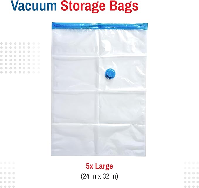 5 Pack Large Vacuum Storage Bags for Comforters, Blankets & Clothes – Vacuum Sealed Compression Bags with Hand Pump – Space Saver Storage Bags for Bedding, Moving, Travel & Organization