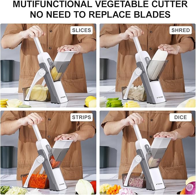 Safe Mandoline Slicer for Kitchen, Meal Prep, Potato Slicer, Adjustable/Easy to Clean/Storage, Kitchen Chopping Artifact, French Fry Cutter, Paring Knife/Cleaning Brush (only Slice, LightGray)