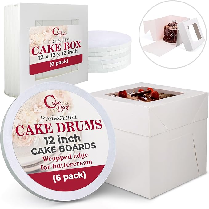 Cakebon Cake Boxes with Boards - 12 Inch Round Cake Drum White (6-pack) - Box With Window for Birthdays, Weddings and Parties