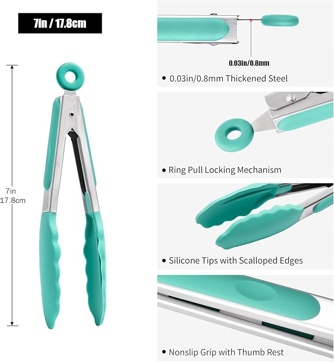 Doosu Kitchen Tongs for Cooking - 600°F Heat Resistant Food Tong with Non-Scratch Silicone Tips, Heavy Duty Stainless Steel Locking Tong for BBQ, Grilling Steak, Serving Salad, Pasta (7in, Aqua Sky)
