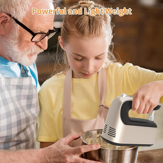 9-Speed Digital Hand Mixer Electric, 400W Powerful DC Motor, Baking Mixer Handheld with Snap-On Storage Case, 5 Stainless Steel Accessories, Flat Beaters, Dough Hooks, Whisk (Champagne Gold)