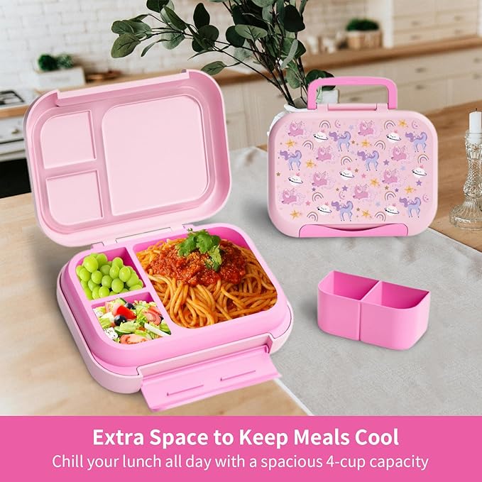 Prints Leak-Proof XL Lunch Box - Reusable 3-Compartment Containers Bento Box for meal Prepping;5-Cup Capacity for Adults & Ages 8+, BPA-Free, Dishwasher Safe (Pink - Rainbow Unicorns)