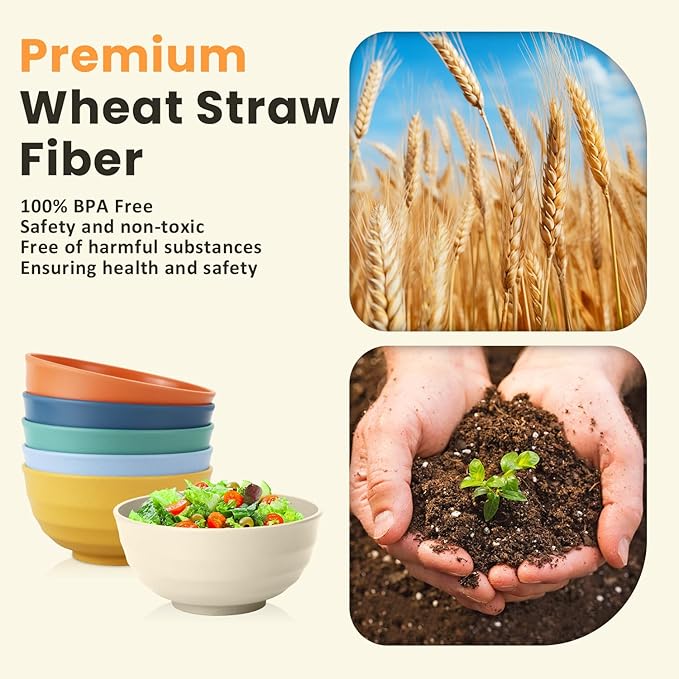 Homienly Large Bowl Set of 6, 60 oz Unbreakable Wheat Straw Bowls, Microwave Safe & Reusable for Salad, Cereal, Soup, Ideal for Camping, Picnic, Family Dining (Multi)