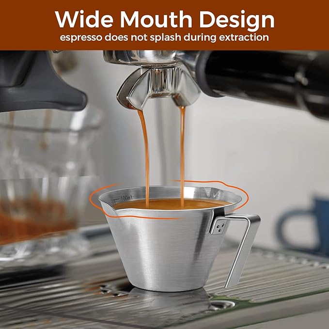1Pc Stainless Steel Espresso Cups, Double Spout Metal Measuring Cup with Dual Scale, Espresso Shots Cup with Handle, Coffee Bean Weighing (White), 3.4oz/100ml