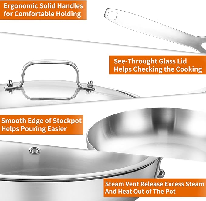 DELARLO 10inch Tri-Ply Stainless Steel Pan with lid, Induction Stainless Steel Frying Pan With Lid, Oven Safe Skillet 10in, Heat quickly and evenly, Durable Stainless Steel Cookware