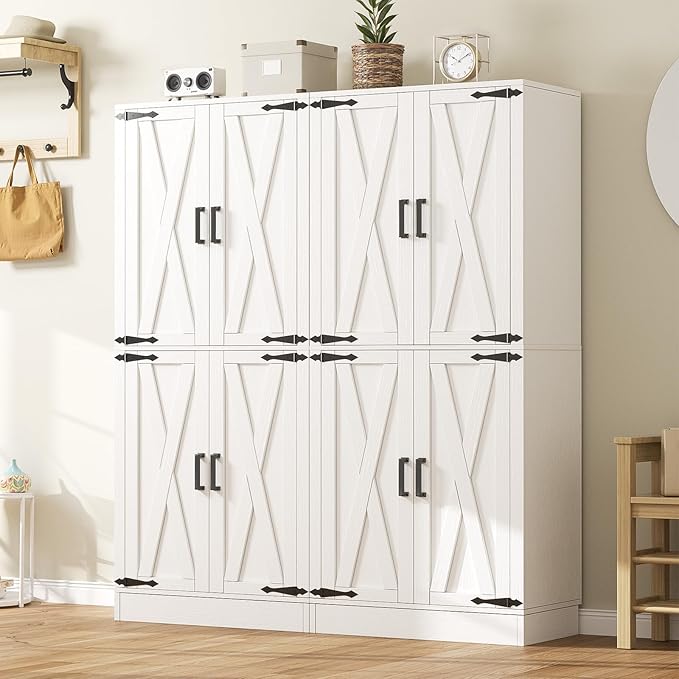 Unikito Kitchen Pantry Cabinet with Farmhouse Barn Doors and Storage Drawer, 8 Adjustable Shelves, Freestanding Tall 71" Cupboard for Dining Room, Living Room, Utility Room, White, 2 Pack