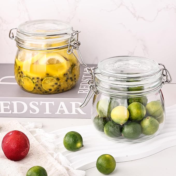 16oz - 6 Pack Round Glass Jars with Airtight Lid, Wide Mouth Mason Jars with Clamp Lids, Air Tight Glass Canisters, Food Storage Containers for Cereal, Pasta, Beans, Sugar, Coffee, Spice