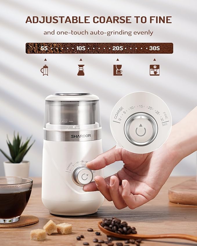 SHARDOR Electric Super Silent Blade Coffee Grinder, Timed Grind Control Rotary Knob, Adjustable Coarse to Fine for Coffee Beans, Spices & Herbs, with 1 Removable Stainless Steel Bowl, Cream