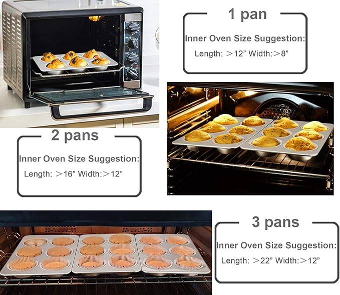 TeamFar Muffin Pan, 6 Cup Muffin Baking Tins Pans, Cupcake Pan Tray Set Stainless Steel for Baking Cakes Cornbread Tarts and More, Healthy & Non Toxic, Oven & Dishwasher Safe - Set of 3