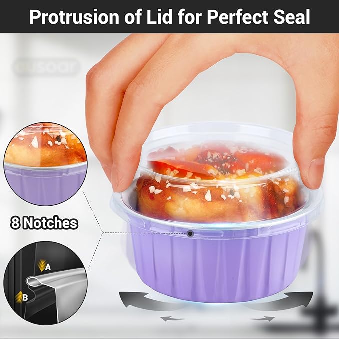 EUSOAR Aluminum Foil Baking Cups with Lids, Light Purple 50pcs 5oz Creme Brulee Ramekins Disposable, Muffin Liners Cups，Mini Cheesecake Foil Pans Dessert Containers with Lids for Party Favor Birthday