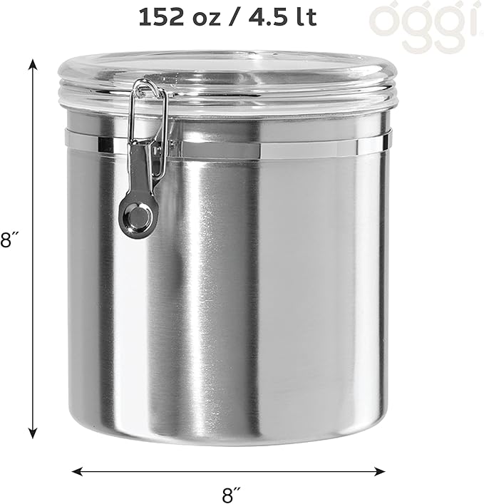 Oggi Stainless Steel Kitchen Canister 152 fl oz - Airtight Clamp Lid, Clear See-Thru Top - Ideal for Kitchen Storage, Food Storage, Pantry Storage. Jumbo Size 8" x 8".