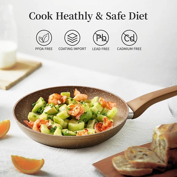 Innwewell Non Stick Frying Pan - Granite Stone Non Stick Skillet, Safe&No Toxic Pans for Cooking, Large Nonstick Cookware Chef's Pan, Induction Compatible, PFOA Free(11inch, Gold)