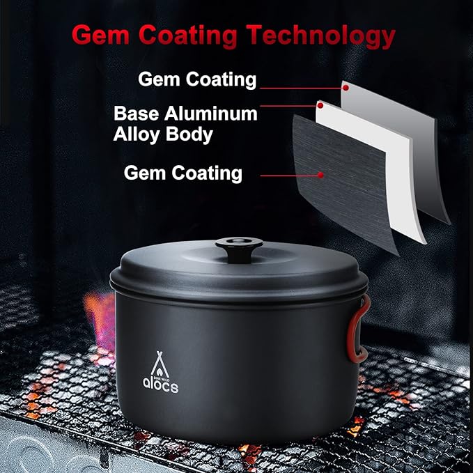 Alocs Camping Cookware Set Camping Gear, Compact Camping Pots and Pans Set, Durable Hard Alumina Camping Cooking Set for Outdoor Backpacking Camping Hiking Picnic, Included Mesh Carry Bag