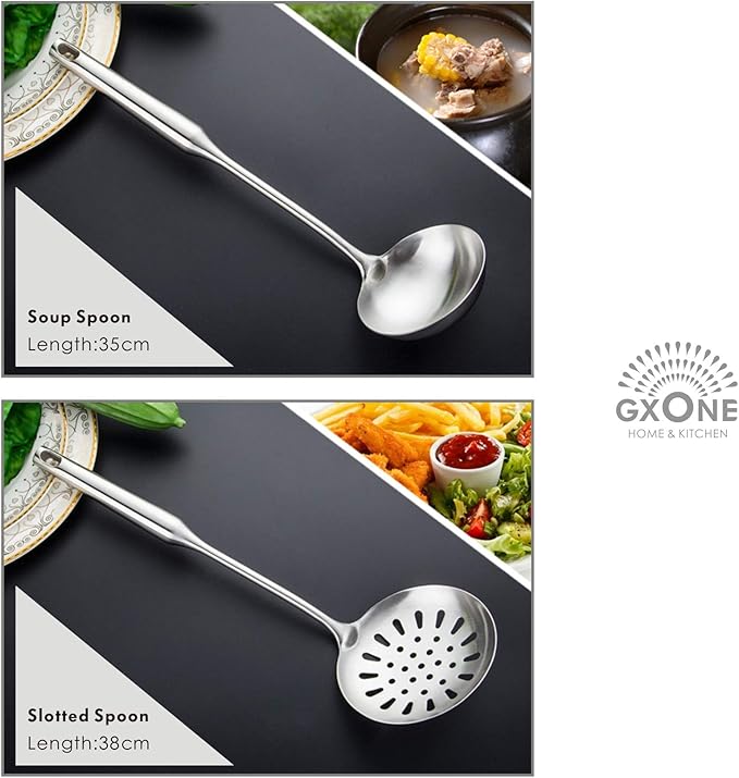Kitchen Utensil Set – 6 Piece Stainless Steel Cooking Utensils with Rotating Holder Organizer Includes Slotted Spoon, Slotted Spatula, Large Spoon, Soup Ladle, Spatula, Pasta Server Silver/7PCS