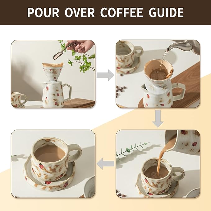 Handcrafted Pour Over Coffee Maker Set with Coffee Cup with Strawberry Pattern 20 Count Paper Filter V60 Drip Coffee Maker 20 oz Coffee Dripper (Strawberry)