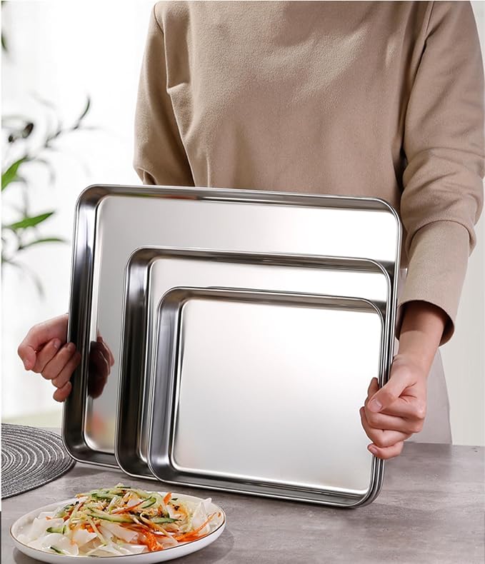 Extra Small Serving Tray in Bulk Stainless Steel 304 Little Tiny Baking Sheet Pans 9.3 x 6.9 x1.1Inch (Diagonal 10.63) Dishwasher Safe No Rust Reheat Food for 1~2 Person 12 Pack