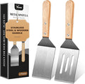 Stainless Steel Spatula Set, 2 Pieces Metal Spatula for Cast Iron Skillet, Metal Spatulas for Kitchen Use with Wooden Handle, Ideal for Frying Steak, Pancake, Cookie, Burger, Brownie or Desserts